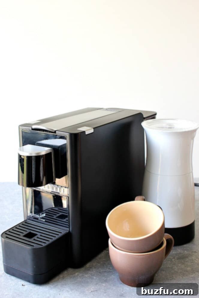 Espressotoria System: The Best At-Home Espresso Machine The compact Espressotoria System espresso machine with its accompanying milk frother, designed for brewing barista-style coffee drinks at home.