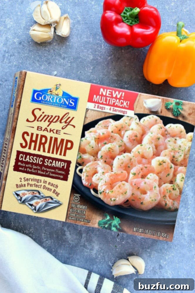 Gorton's Simply Bake Shrimp Classic Scampi on background with bell peppers and fresh garlic. 