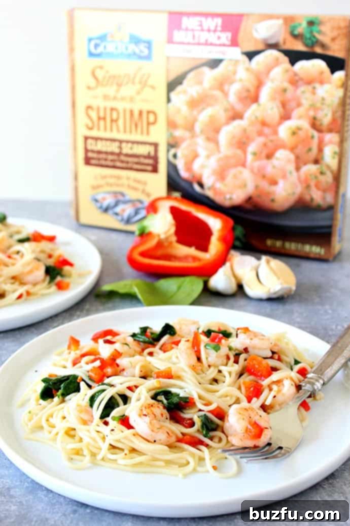 Shrimp scampi served on white plate with Gorton's Seafood box in the background. 