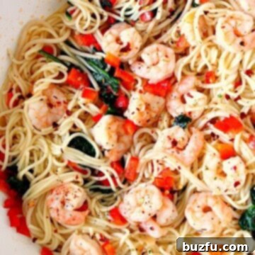 Shrimp Scampi with Spinach and Peppers served in a bowl