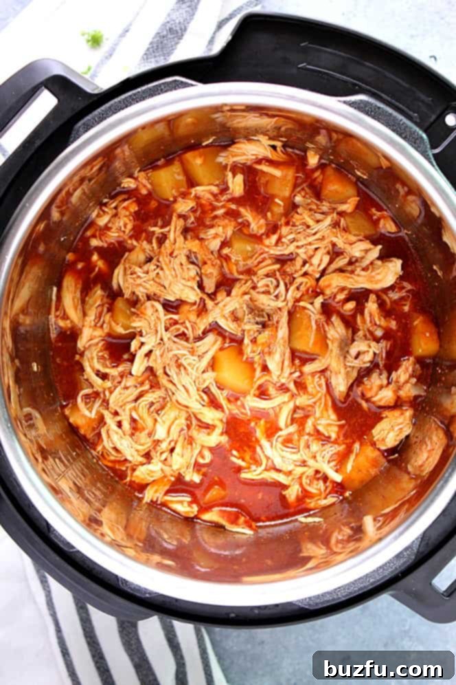 Pulled BBQ chicken with pineapple in Instant Pot digital pressure cooker. 