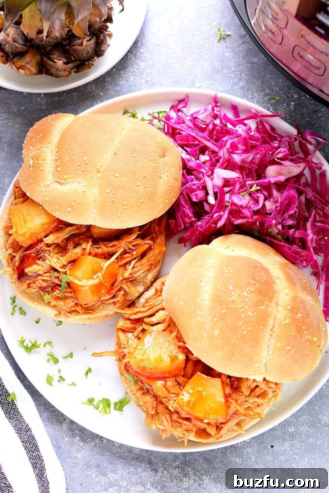 Two sandwiches with pulled BBQ chicken, purple cabbage coleslaw, served on white plate. 