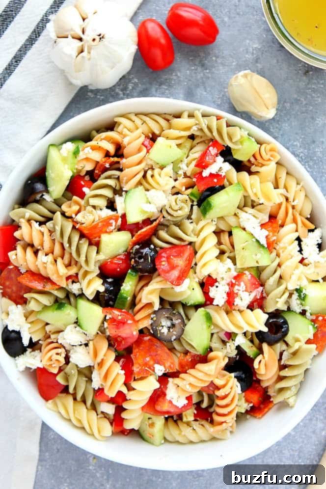 Overhead shot of Italian Pepperoni Pasta Salad.