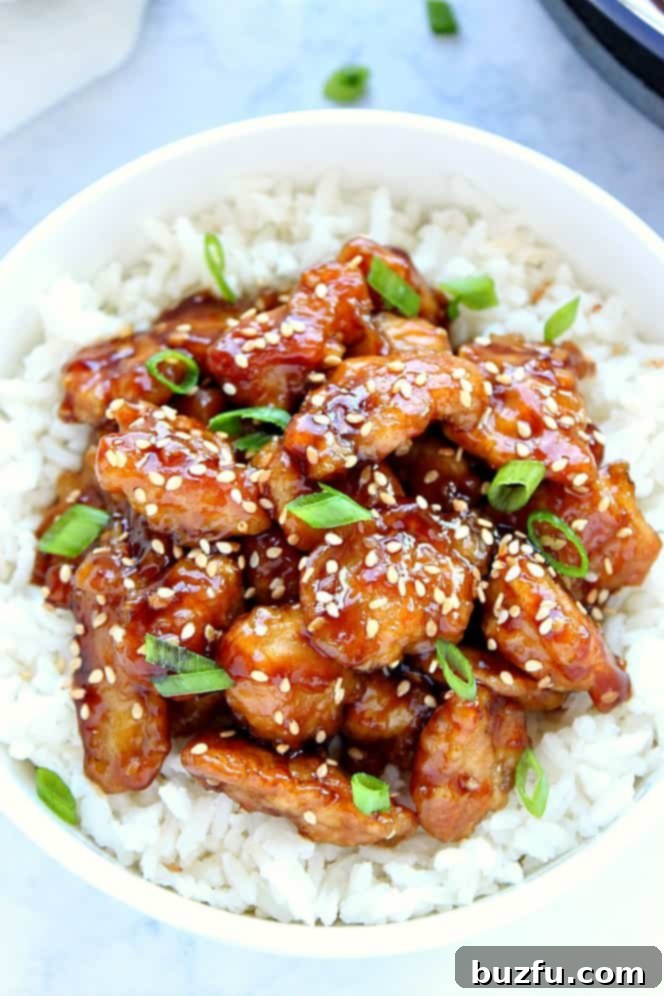 Overhead shot of golden-brown sesame chicken served over fluffy white rice in a pristine white bowl, garnished with fresh green onions.