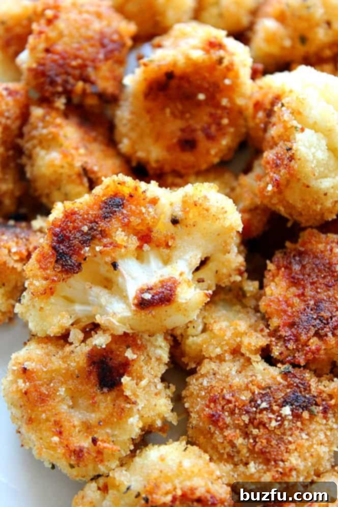 Closeup shot of breaded roasted cauliflower bites. 