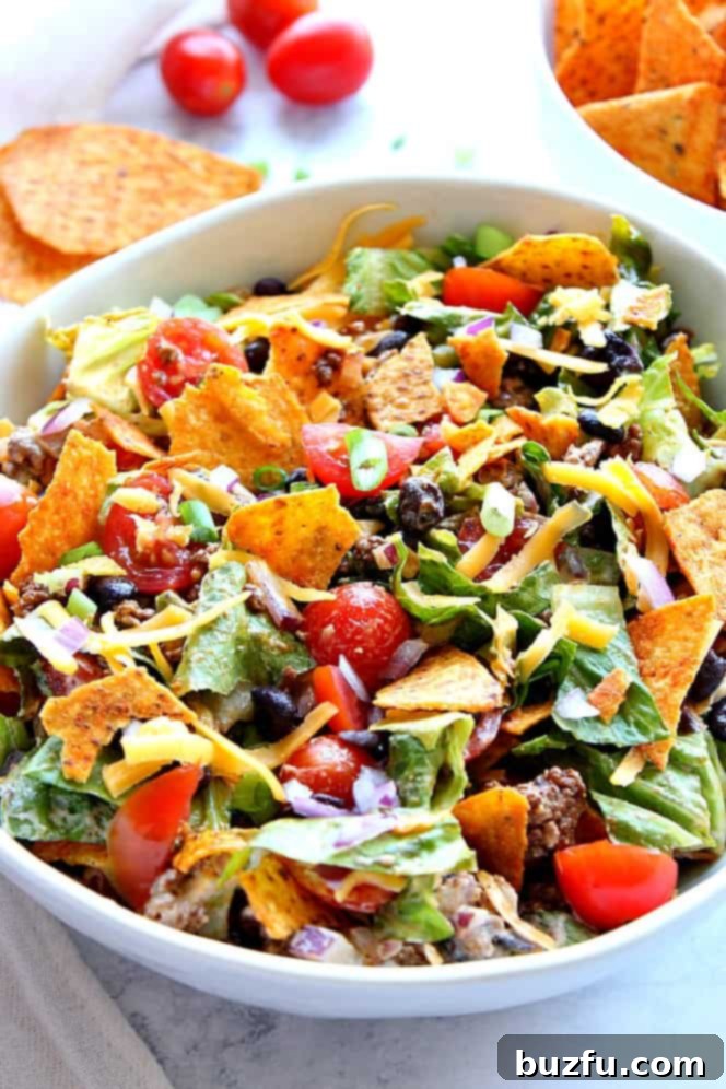 Dorito Taco Salad Recipe - chopped lettuce, tomatoes, seasoned meat, black beans, onions, zesty dressing and crunchy tortilla chips is everything you love about tacos in one tasty salad! Side shot of Dorito taco salad with cheese tortilla chips, in white bowl.