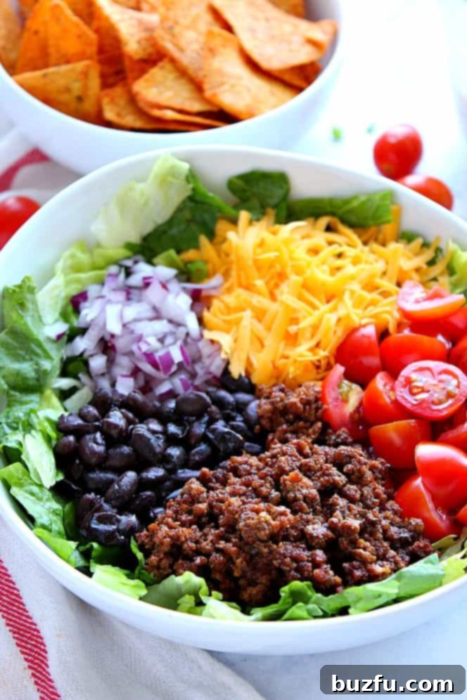 Dorito Taco Salad Recipe - chopped lettuce, tomatoes, seasoned meat, black beans, onions, zesty dressing and crunchy tortilla chips is everything you love about tacos in one tasty salad! Side shot of ingredients for taco salad in white bowl.
