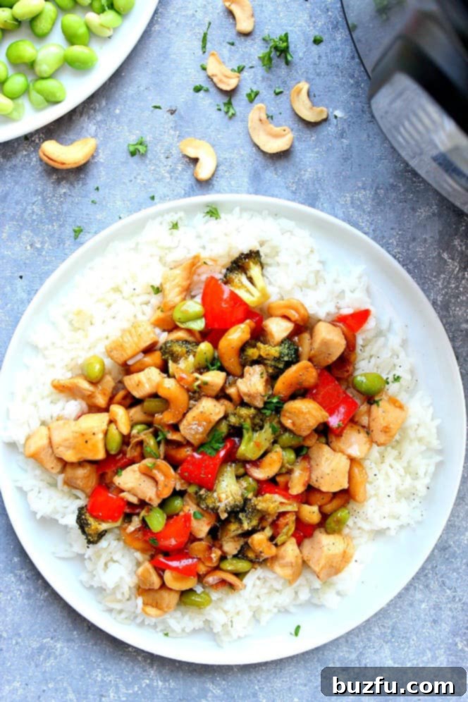 Overhead shot of Instant Pot Cashew Chicken on rice on white plate.