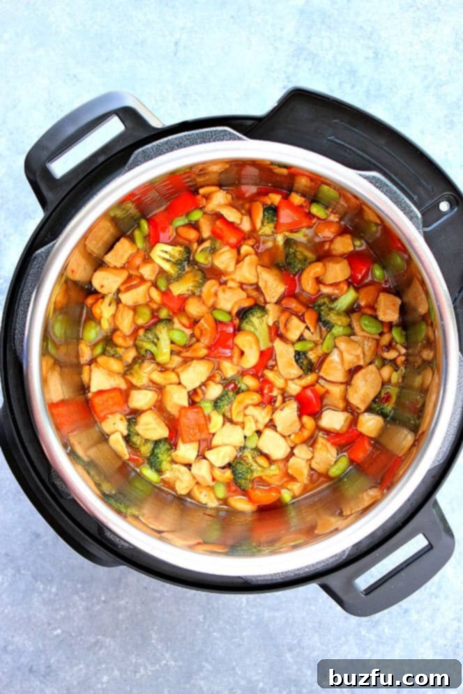 Overhead shot of Instant Pot Cashew Chicken in the pot.