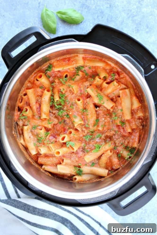 Overhead shot of baked ziti in Instant Pot pressure cooker. 