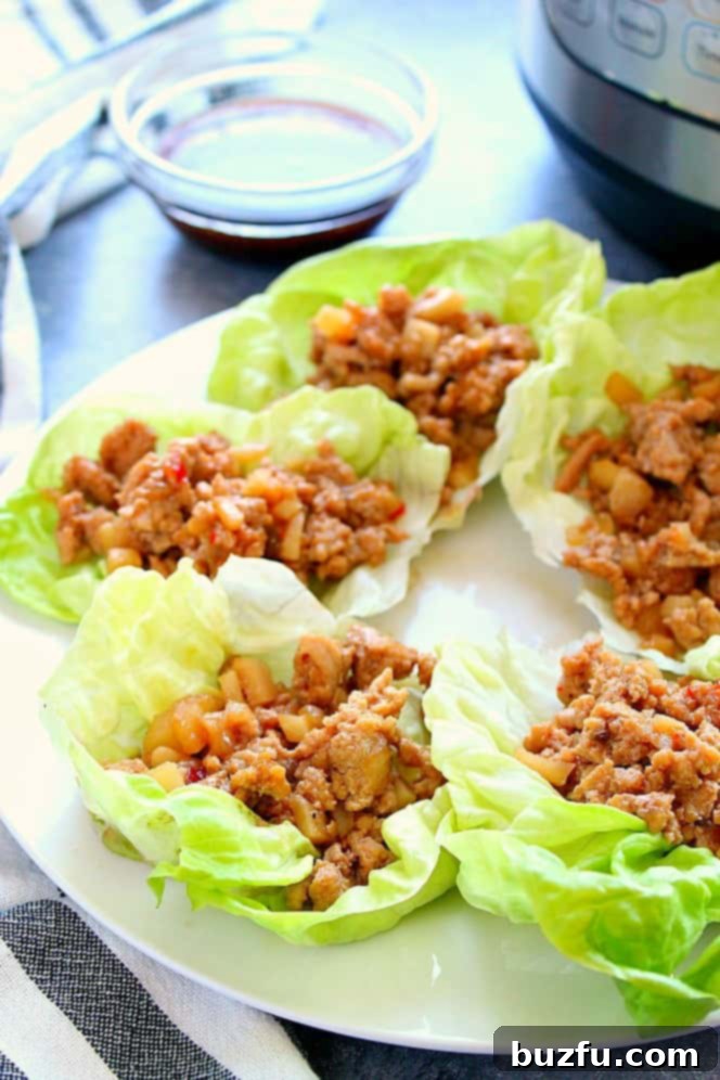 Side shot of lettuce wraps filled with cooked ground chicken, served on white plate, highlighting the vibrant colors and fresh ingredients.