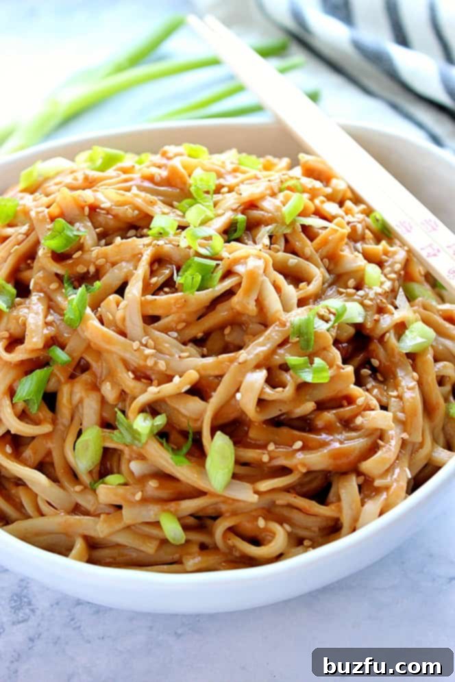 Thai Peanut Noodles Recipe - nutty, slightly spicy sauce tossed with noodles that cooks in just 10 minutes. The easiest and fastest takeout dinner you can make in your own kitchen! Side close up shot of peanut noodles in a white bowl.