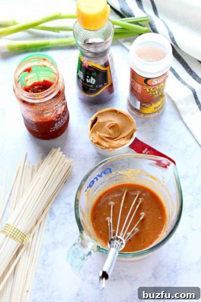 Thai Peanut Noodles Recipe - nutty, slightly spicy sauce tossed with noodles that cooks in just 10 minutes. Overhead shot of ingredients for Thai peanut sauce.
