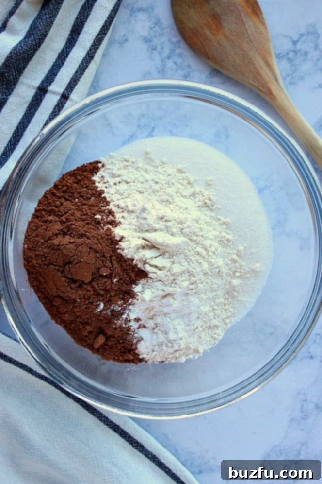 One-Bowl Chocolate Cake Ingredients - dry ingredients in a mixing bowl. Overhead shot of flour, cocoa powder and sugar in a mixing bowl, with a wooden spoon next to it, ready for whisking.