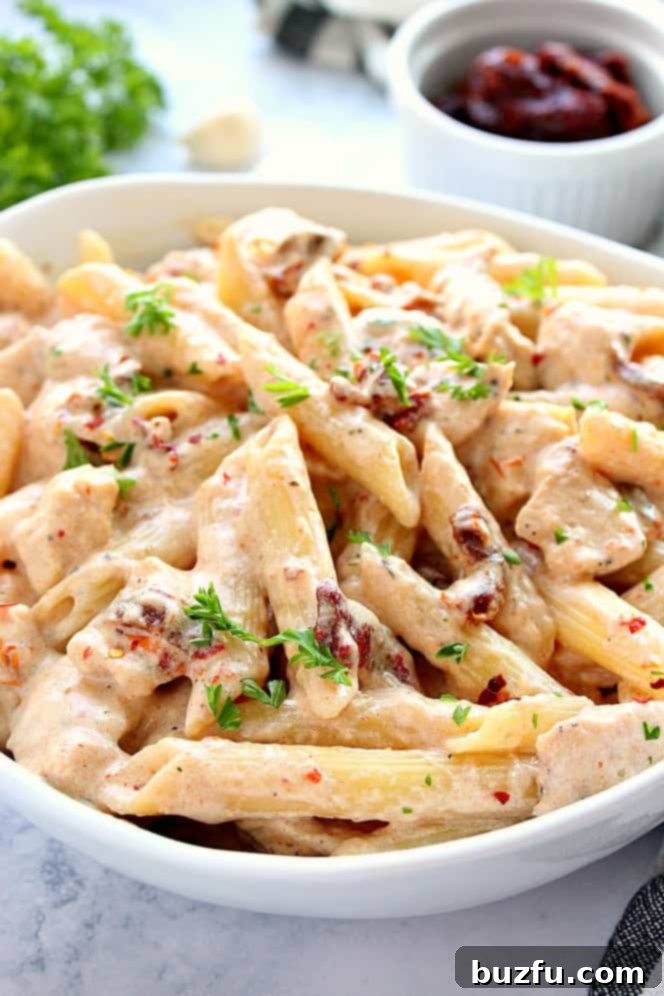 Close up side shot of creamy pasta with chicken and sun-dried tomato Alfredo sauce, garnished with chopped parsley.