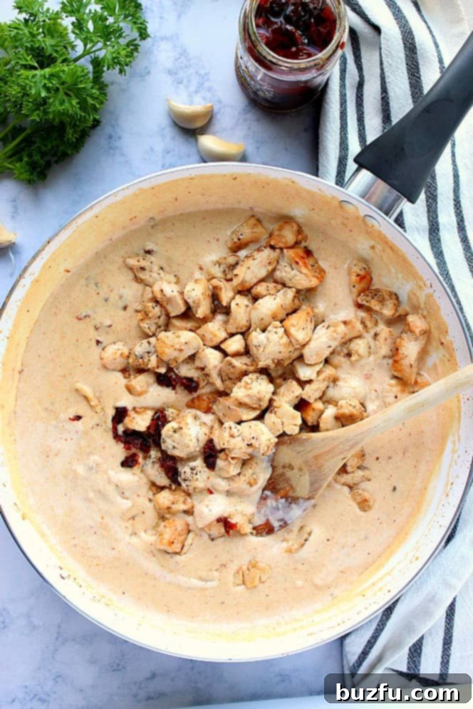 Overhead shot of creamy Alfredo sauce in skillet with cooked chicken. 