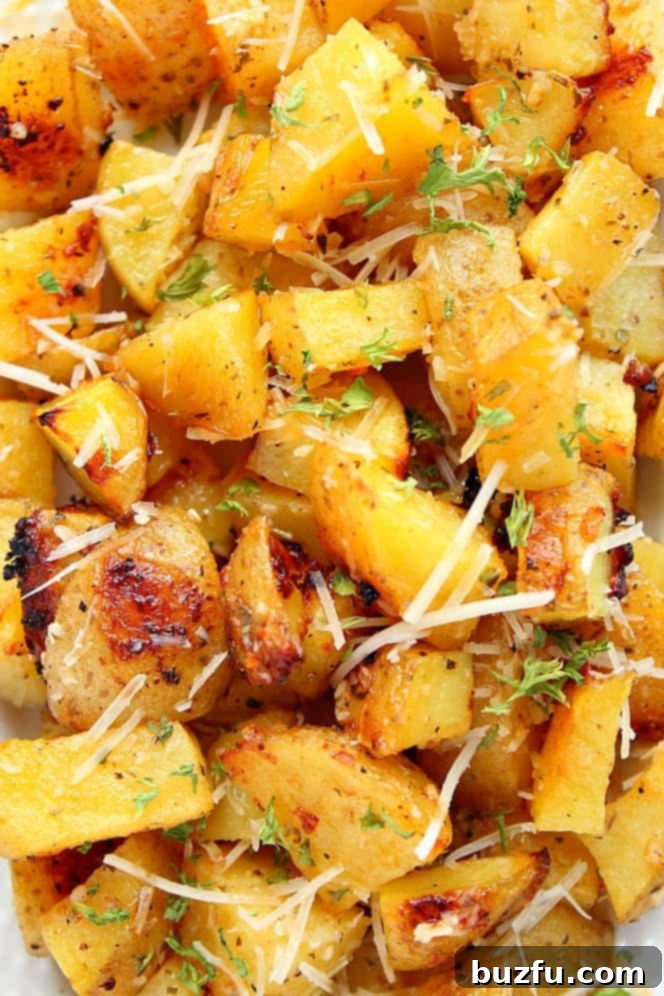 Garlic Ranch Roasted Potatoes Recipe - perfectly roasted potatoes with garlic and Ranch seasoning and a mix of butter and oil for the best roasting result. Simple vegetable turned into one delicious side dish! Close-up shot of crispy roasted potatoes generously topped with shredded Parmesan cheese and fresh parsley.