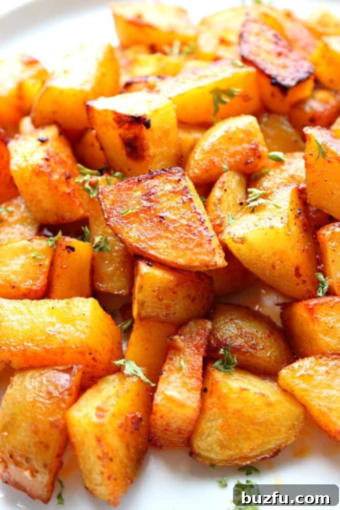 Easy Oven Roasted Potatoes Recipe - crispy on the outside and soft on the inside, these roasted potatoes are the easiest side dish ever! Close up photo of perfectly roasted potatoes on white plate.