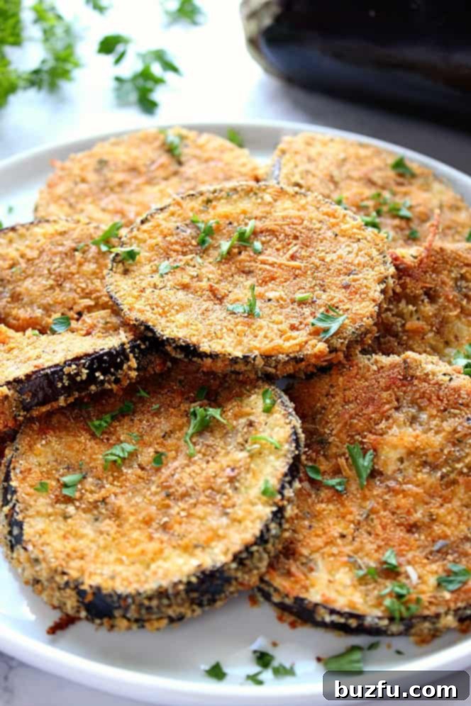 Garlic Parmesan Baked Eggplant Recipe - crispy baked, not fried, eggplant with garlic Parmesan breading. A delicious way to enjoy this fall vegetable! A close-up side view of a perfectly baked, golden-brown crispy eggplant slice resting on a pristine white plate, highlighting its crunchy texture.