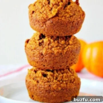 Wholesome Vegan Gluten-Free Pumpkin Muffins 2 Three Healthy Pumpkin Muffins stacked on each other.
