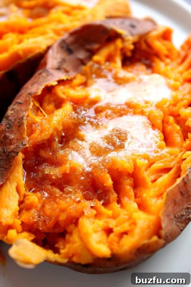 Effortless Instant Pot Sweet Potatoes 2 Close up on Instant Pot Sweet Potato with melted butter and brown sugar.