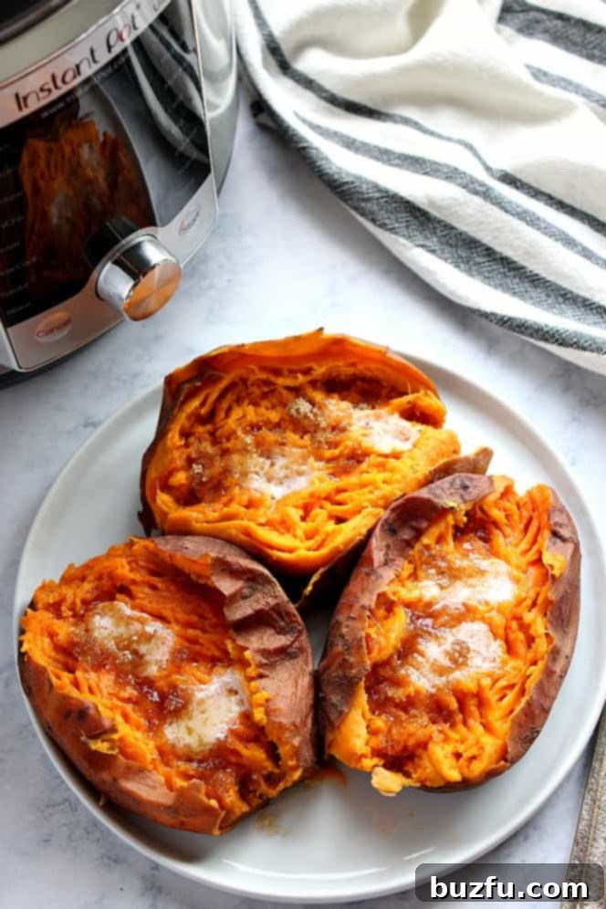 Effortless Instant Pot Sweet Potatoes 4 Overhead shot of cooked sweet potatoes in Instant Pot, served on white plate.