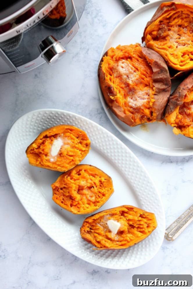 Effortless Instant Pot Sweet Potatoes 6 Overhead shot of sweet potatoes cooked in pressure cooker, served on white plates.
