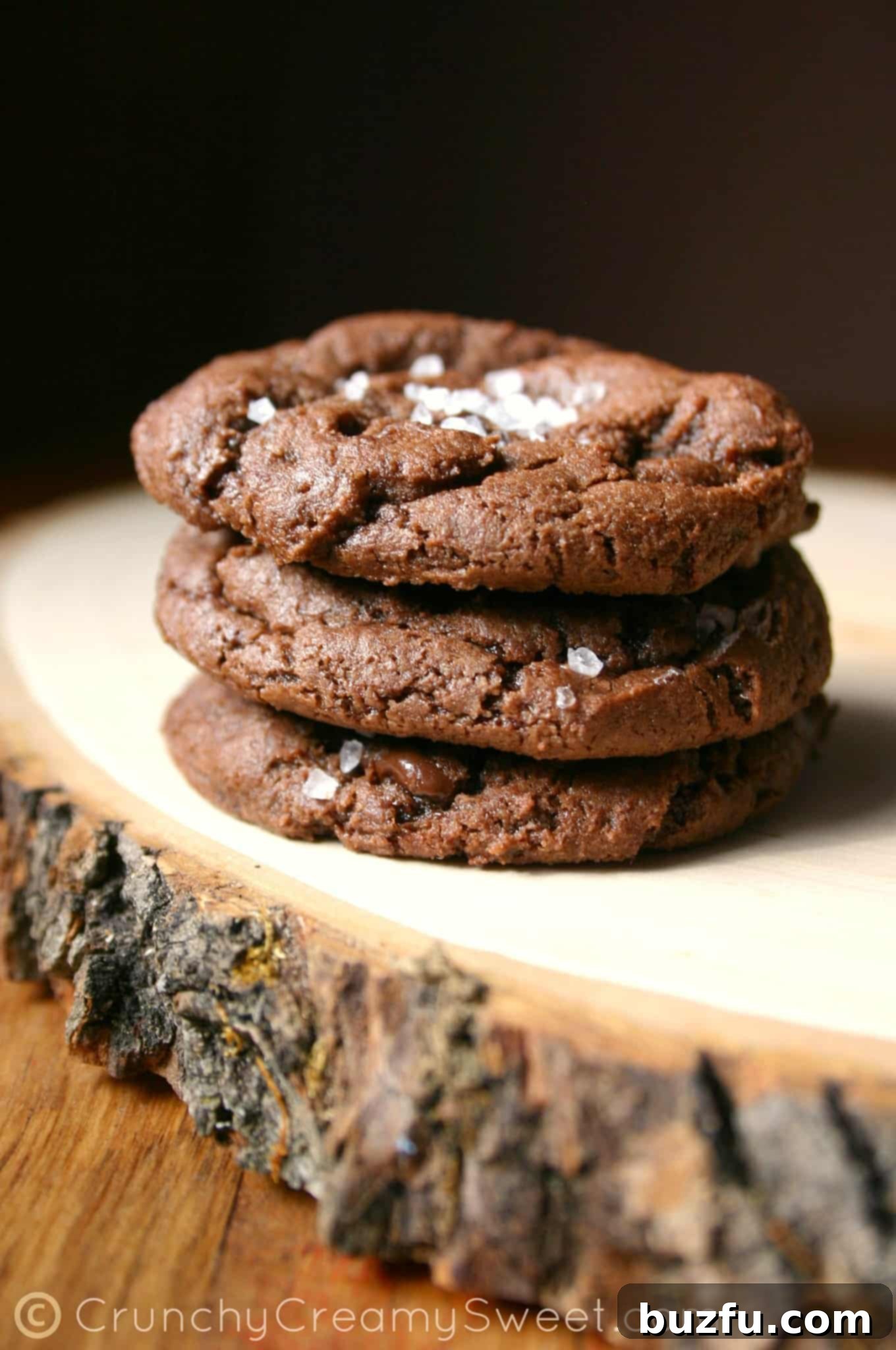 Indulge in the Richness: Close-up of Fudgy Chocolate Sea Salt Cookies Ready to Melt in Your Mouth A close-up view of three inviting fudge cookies, showcasing their rich, dark chocolate color and delicate sea salt crystals, arranged appealingly on a wooden surface.