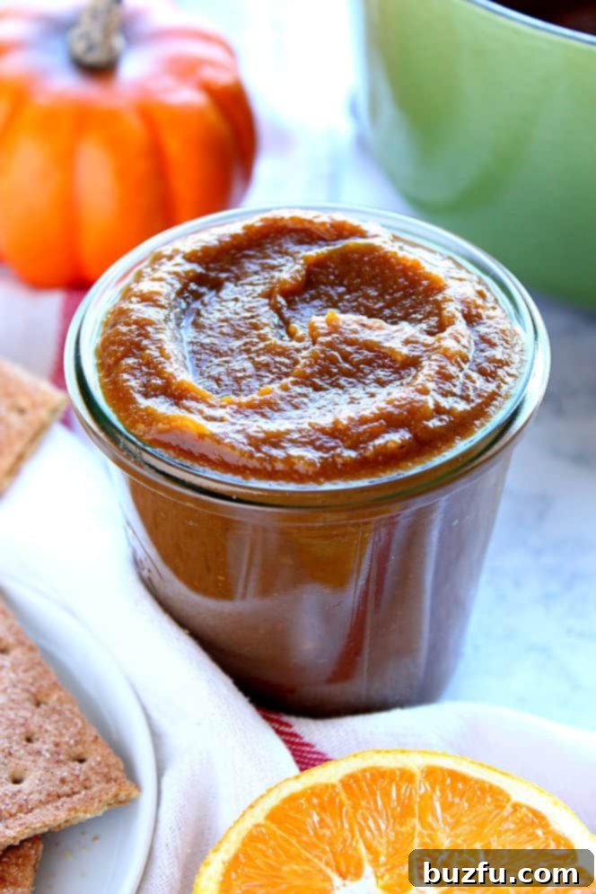 Side shot of pumpkin butter in glass jar, revealing its vibrant orange hue and smooth texture.