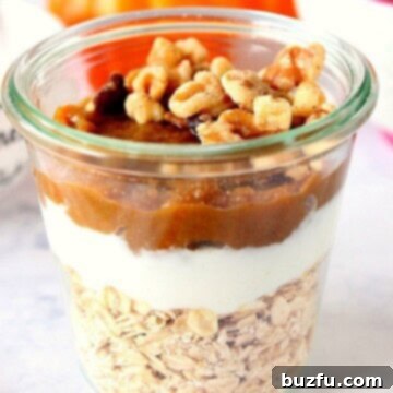 Pumpkin Overnight Oats in a glass jar.