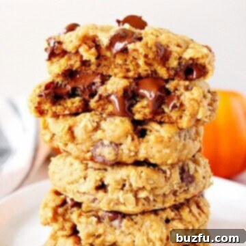 Pumpkin Oatmeal Cookies stacked up on each other, showcasing their inviting texture.