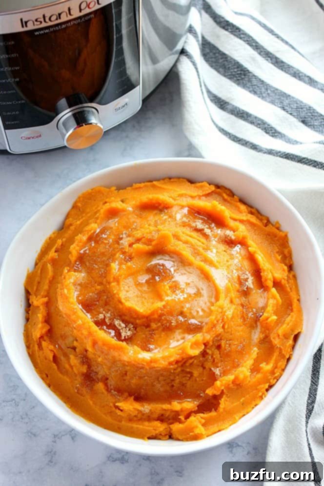 Overhead shot of fluffy, creamy mashed sweet potatoes in a white bowl, next to an Instant Pot. A spoon rests in the mashed potatoes, indicating its delightful texture.