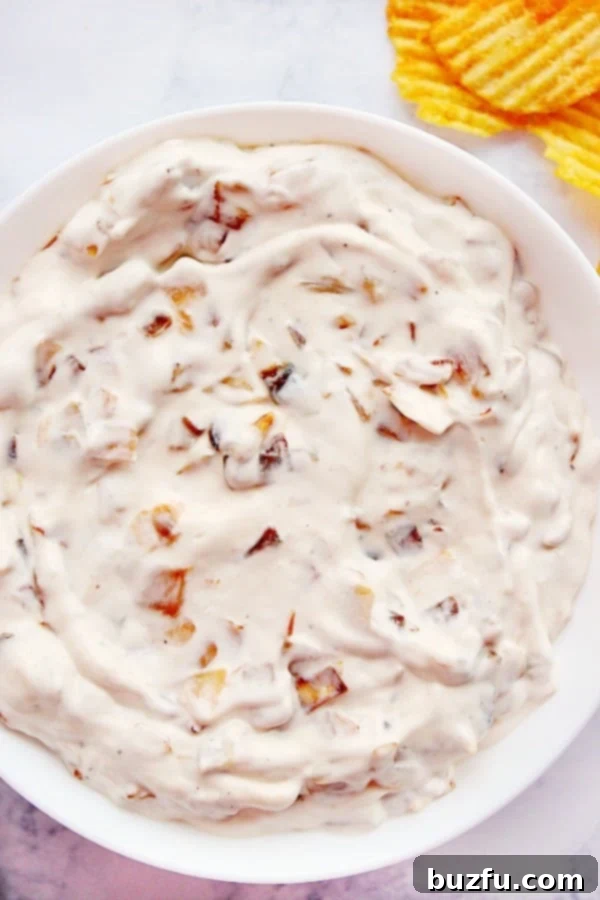 Irresistible Caramelized Onion Dip 2 Caramelized onion dip in white bowl, perfectly creamy and golden.