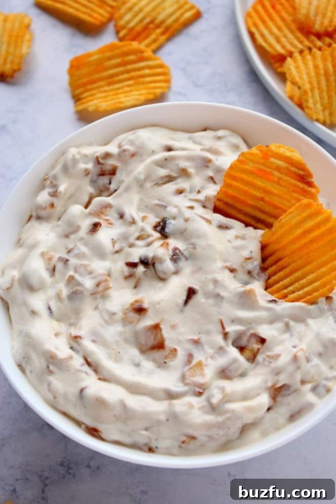 Caramelized Onion Dip Recipe - creamy and flavorful appetizer featuring rich and flavorful caramelized onions. Serve with potato chips for the classic combo or with veggie sticks. Close up shot of caramelized onion dip in white bowl with cheddar ripple potato chips on side.