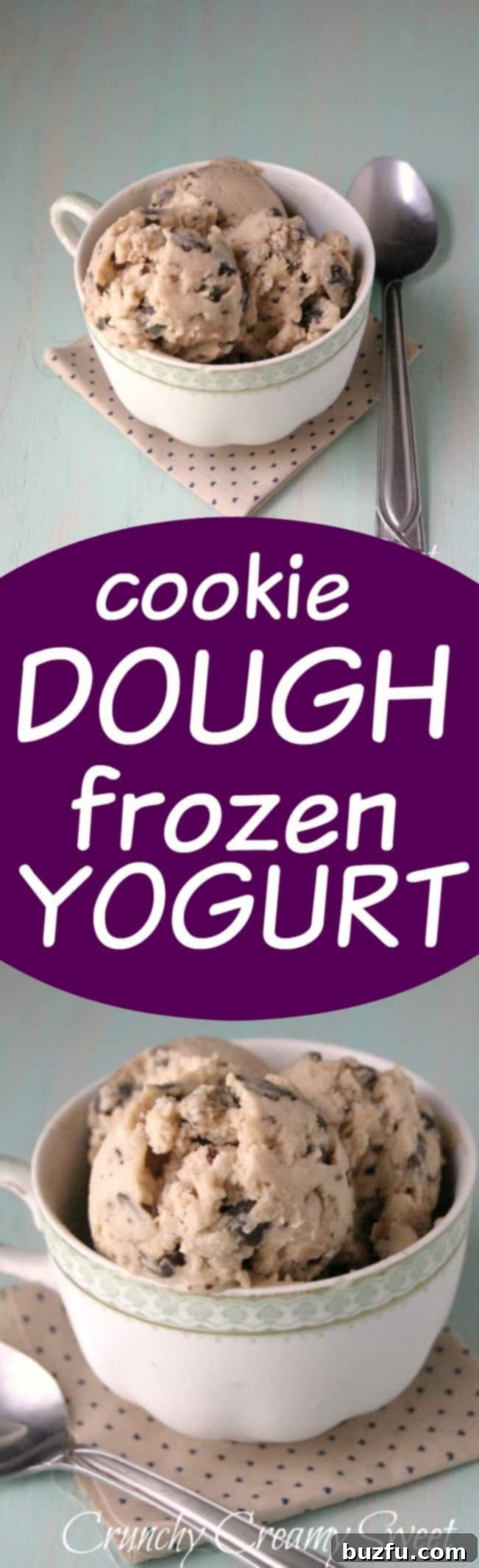 Full shot of a bowl of Chocolate Chunk Cookie Dough Frozen Yogurt, garnished with chocolate shavings and small cookie dough balls.