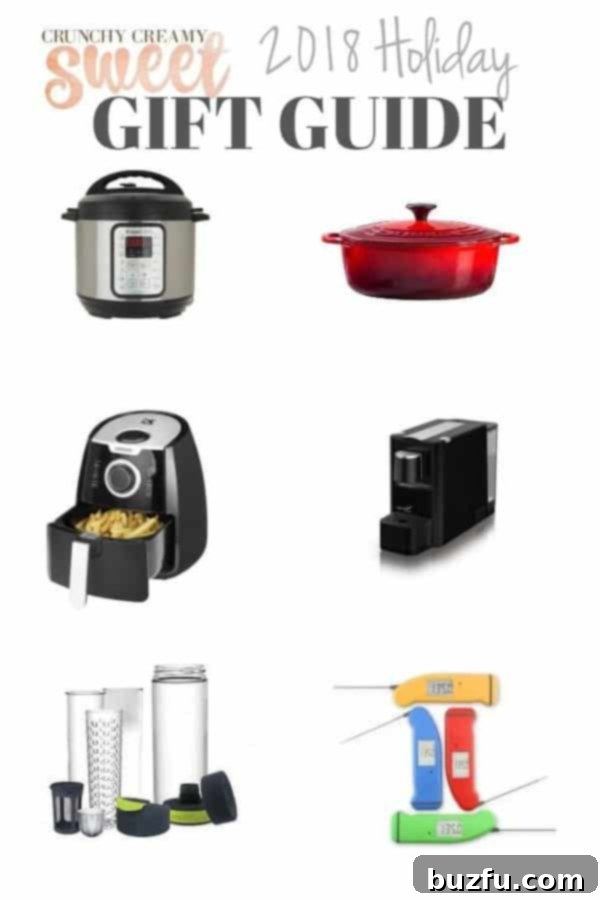 Photo collage for 2018 Holiday Gift Guide with Instant Pot, Le Creuset, air fryer, coffee maker, water bottle and digital thermometer, highlighting top kitchen and home gifts for easy holiday shopping.