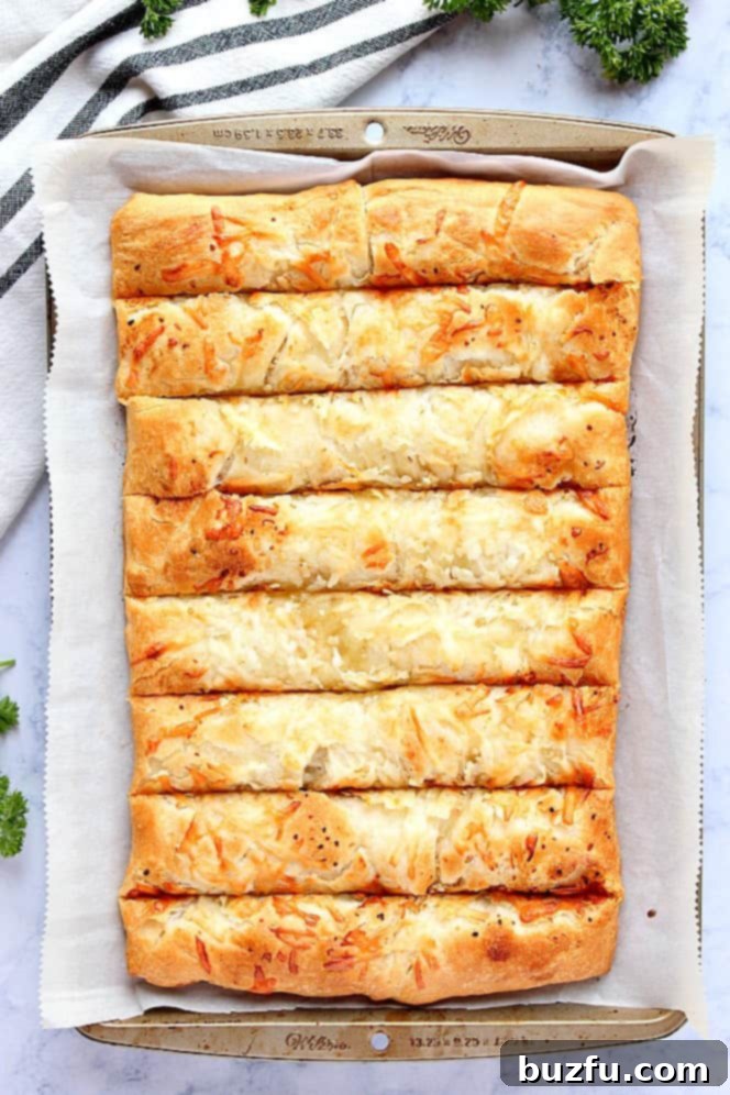 Overhead shot of freshly baked golden-brown breadsticks cooling in the baking pan, showing their inviting texture.