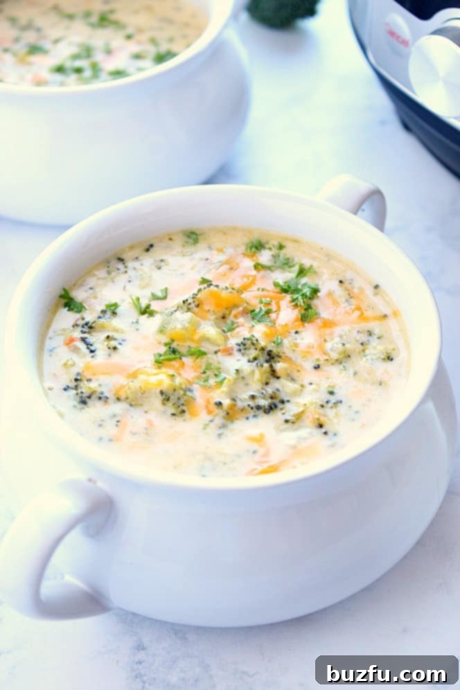 Instant Pot Broccoli Cheddar Soup Recipe - creamy and delicious veggie-packed soup with cheese. Popular restaurant copycat made right in your pressure cooker! #soup #InstantPot Side shot of Instant Pot broccoli cheddar soup in soup bowl with handles, garnished with fresh parsley.