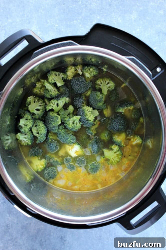 How to make Broccoli Cheddar Soup in the Instant Pot. Overhead shot of broccoli and stock being added to the Instant Pot.