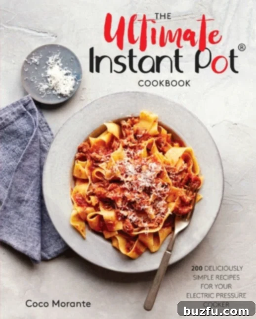 The Ultimate Instant Pot Cookbook by Coco Morante. Cover photo of the Ultimate Instant Pot Cookbook with pasta in a bowl and various kitchen tools.