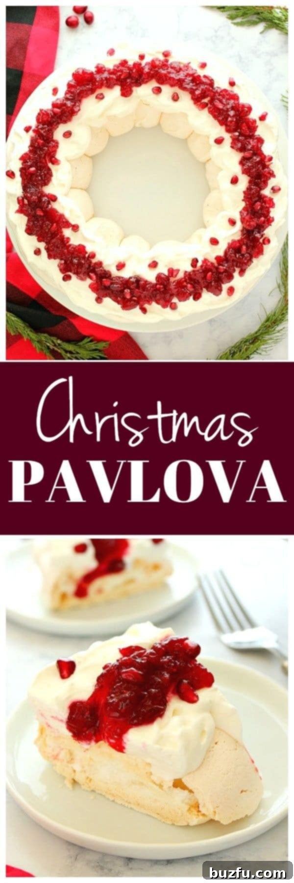 Photo collage for Christmas Pavlova Wreath recipe. 