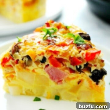 Breakfast casserole slice on a plate.