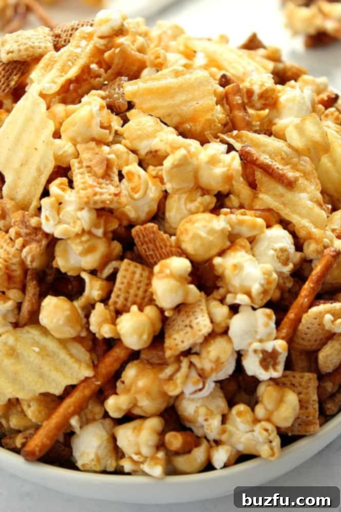 Close-up side shot of the Sweet and Salty Caramel Popcorn Mix, showing the rich caramel coating on popcorn, pretzels, and chips.