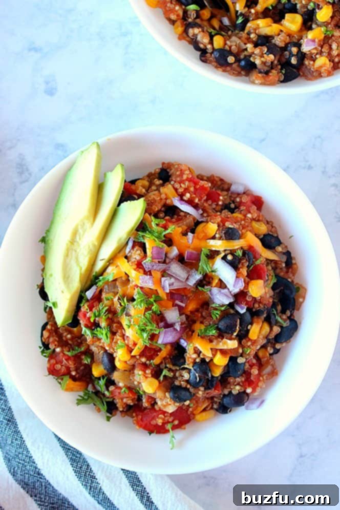 Quick and Zesty Instant Pot Mexican Quinoa 5 Overhead shot of Mexican quinoa in white bowl.