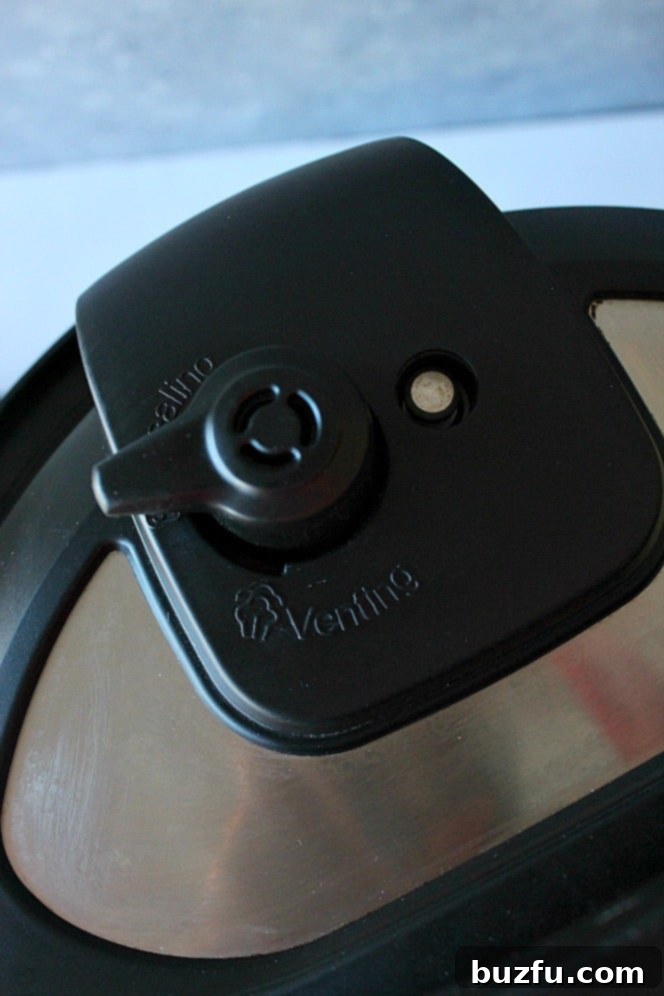 Close up shot of the black pressure release valve on top of the Instant Pot lid, showing sealing and venting positions.