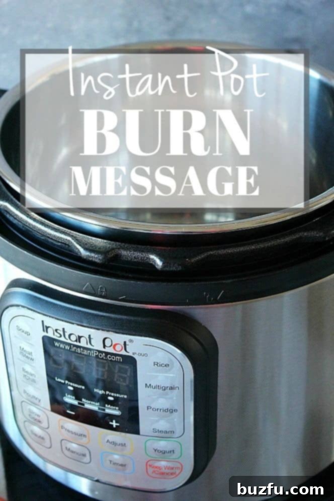 Instant Pot Burn Message - what happens when your IP displays Side shot of the Instant Pot with a word label: Instant Pot Burn Message, indicating a common troubleshooting topic.