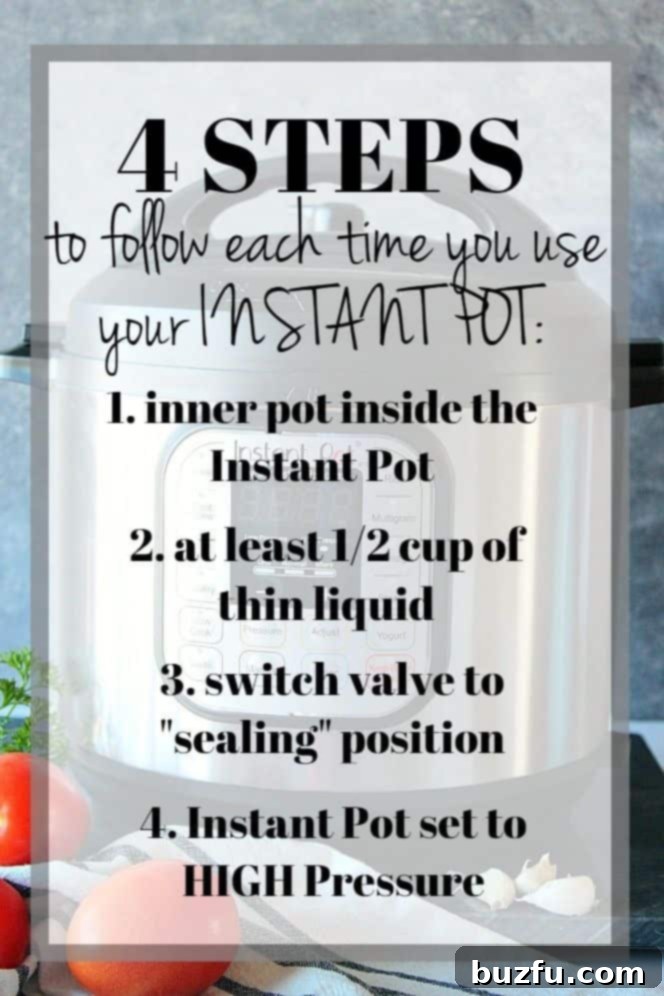 4 Steps to follow each time you use your Instant Pot. Photo collage for 4 Steps to follow when cooking in the Instant Pot.