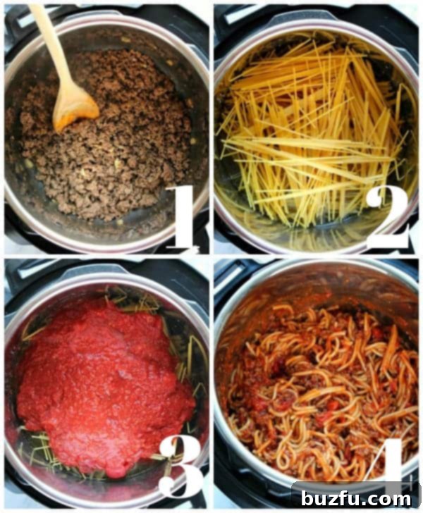 Instant Pot Spaghetti Step-by-Step Photos Four photos showing the steps for making spaghetti in the pressure cooker: sautéing beef, adding spaghetti criss-cross, topping with tomatoes, and the finished dish.