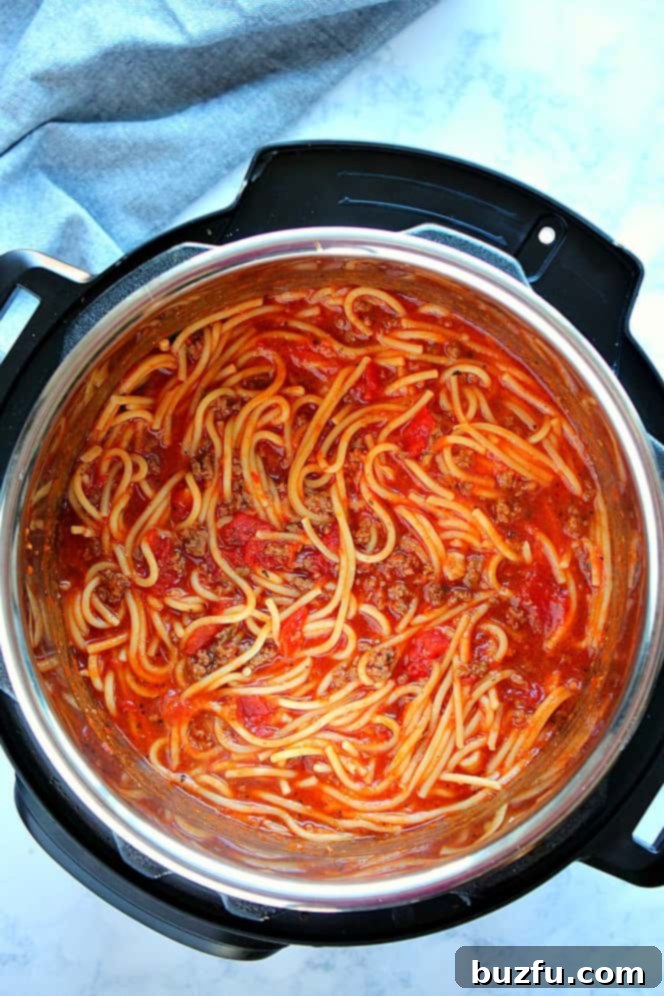 Perfectly Cooked Instant Pot Spaghetti Ready to Serve Overhead shot of spaghetti with tomato sauce and beef in the Instant Pot, showing its perfectly cooked texture after thickening.