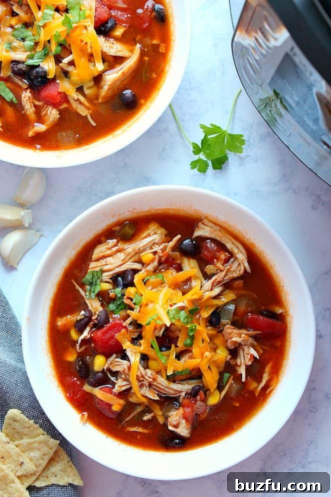 Instant Pot Chicken Tortilla Soup Recipe - healthy and easy soup with black beans, diced tomatoes, corn and chicken. Searing chicken rubbed with spice intensifies the flavor. Instant Pot Chicken Tortilla Soup in two bowls next to pressure cooker.